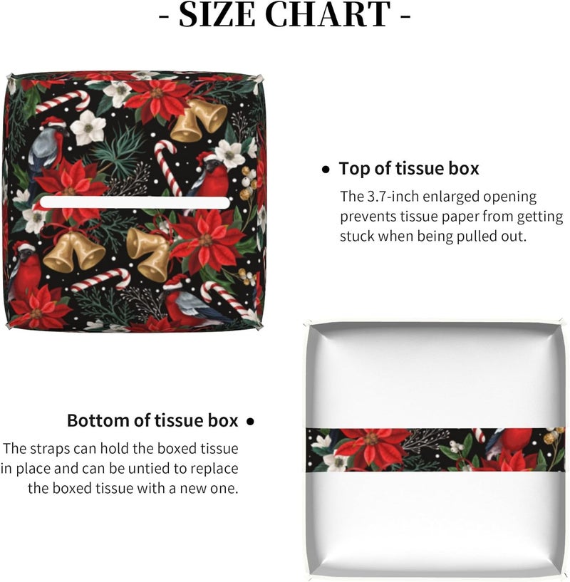 sndheke Christmas Poinsettia Flowers Tissue Box Cover Square,Xmas Bells Candy Cane Tissue Box Holder Waterproof Leather Facial Paper Organizer Dispenser for Bathroom Home Car Nightstand Vanity Desk - Image 5